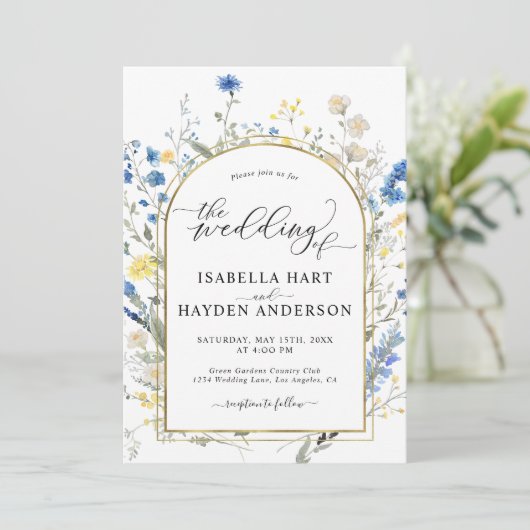 Blauw Dainty Floral Goud Alles in 1 QR Code Trouwe Kaart (Staand voorkant)