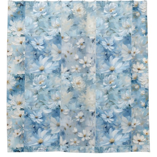 Blauw Daisy Bloemen Patchwork Douchegordijn (Voorkant)
