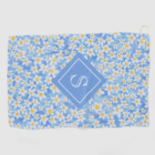 Blauw Daisy Bloempatroon Monogram Golfhanddoek (Horizontaal)