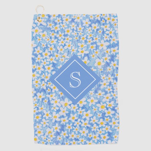 Blauw Daisy Bloempatroon Monogram Golfhanddoek (Voorkant)