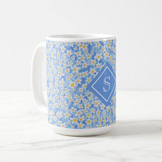 Blauw Daisy Bloempatroon Monogram Koffiemok (Voorkant links)