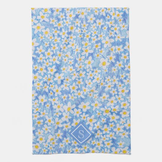 Blauw Daisy Bloempatroon Monogram Theedoek (Verticaal)