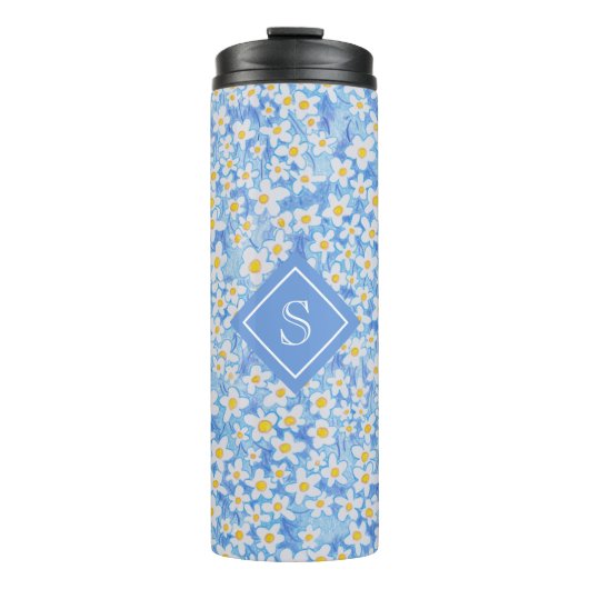 Blauw Daisy Bloempatroon Monogram Thermosbeker (Voorkant)
