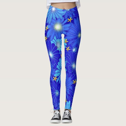  blauw Daisy-patroon Leggings (Voorkant)