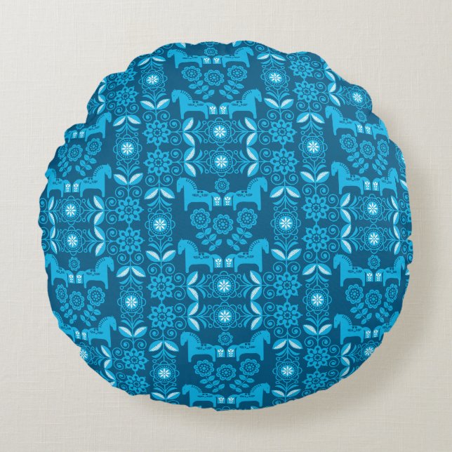 Blauw Dala Zweeds Paard Print Rond Kussen (Voorkant)