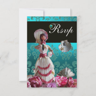 BLAUW DAMASK BEACH WEDDING - VRIJGEZELLENFEEST RSV RSVP KAARTJE