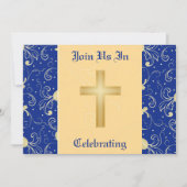 Blauw, Damask, Cristian Cross, Wedding Invitation Kaart (Voorkant)