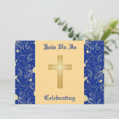 Blauw, Damask, Cristian Cross, Wedding Invitation Kaart (Staand voorkant)