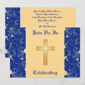 Blauw, Damask, Cristian Cross, Wedding Invitation Kaart (Voorkant / Achterkant)