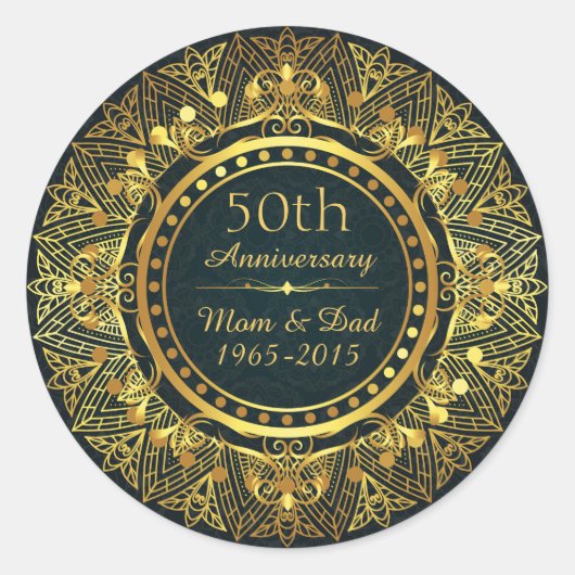 Blauw Damask en Goud 50e Bruiloft Jubileum Ronde Sticker (Voorkant)