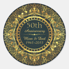 Blauw Damask en Goud 50e Bruiloft Jubileum Ronde Sticker