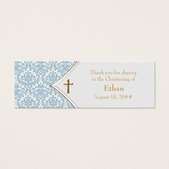 Blauw Damask Gold Cross Bomboniere Labels Mini Visitekaartjes (Voorkant)