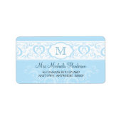 Blauw Damask Monogram Adreslabel Etiket (Voorkant)
