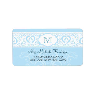 Blauw Damask Monogram Adreslabel Etiket