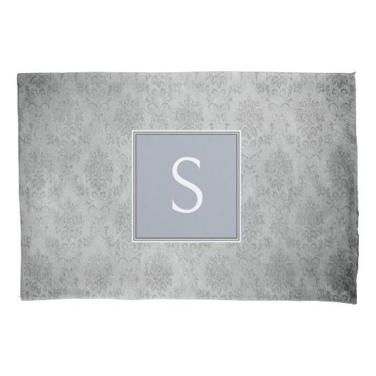 Blauw  Damask Monogram Kussensloop (Voorkant)