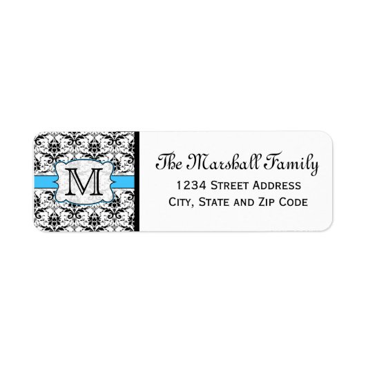 (Blauw) Damask Monogram Return Address Labels (Voorkant)