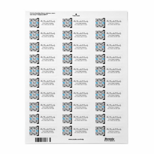 (Blauw) Damask Monogram Return Address Labels (Full Sheet)