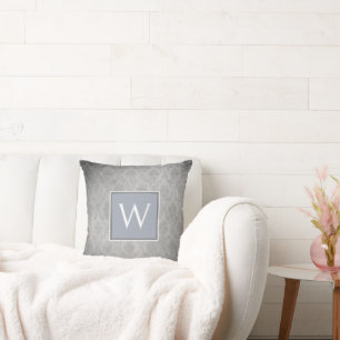 Blauw  Damask Monogram Sierkussen