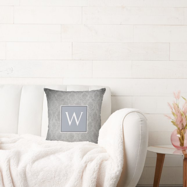 Blauw  Damask Monogram Sierkussen (Bank)