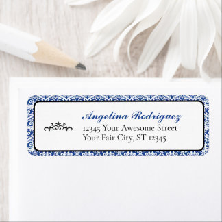 Blauw Damask Pattern Afstuderen Etiket