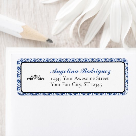 Blauw Damask Pattern Afstuderen Etiket (Insitu)