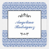 Blauw Damask Pattern Afstuderen Vierkante Sticker (Voorkant)