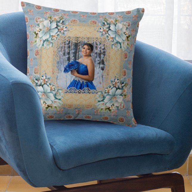  blauw Damask Quinceañera geheugen Kussen (Creator heeft geüpload)