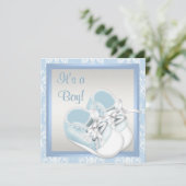 Blauw Damask Schoenen Blauw Damask Baby Boy Shower Kaart (Staand voorkant)