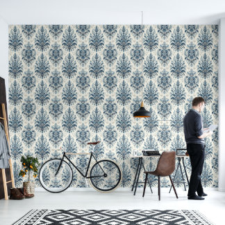 Blauw Damask Style Wallpaper Behang