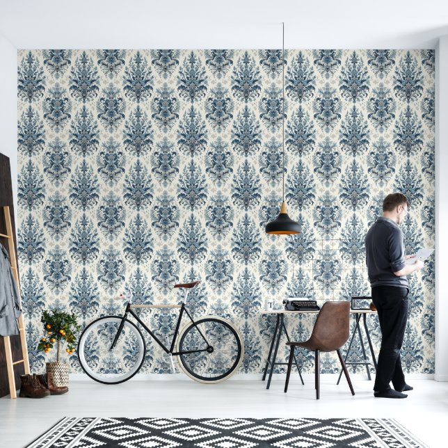 Blauw Damask Style Wallpaper Behang (Woonkamer)