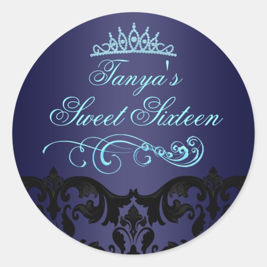 Blauw Damask & Swirl Sweet 16 Envelop Sticker/seal Ronde Sticker (Voorkant)