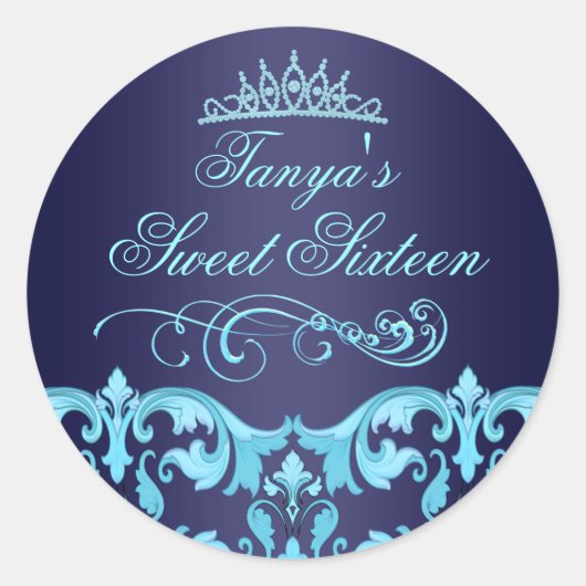 Blauw Damask & Tiara Sweet 16 Envelop Sticker/seal Ronde Sticker (Voorkant)