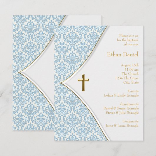 Blauw Damaskus Kruis Jongen Doop Doop Doop Kaart (Voorkant / Achterkant)