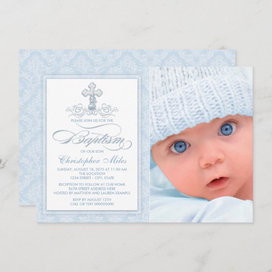 Blauw Damaskus Kruis Jongen Foto Doop Kaart (Voorkant / Achterkant)