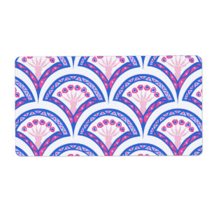 blauw damaspatroon etiket