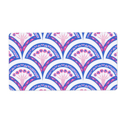 blauw damaspatroon etiket (Voorkant)