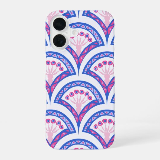 blauw damaspatroon iPhone 16 hoesje (Achterkant)