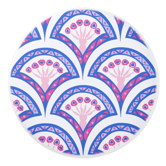 blauw damaspatroon keramische knop (Voorkant)