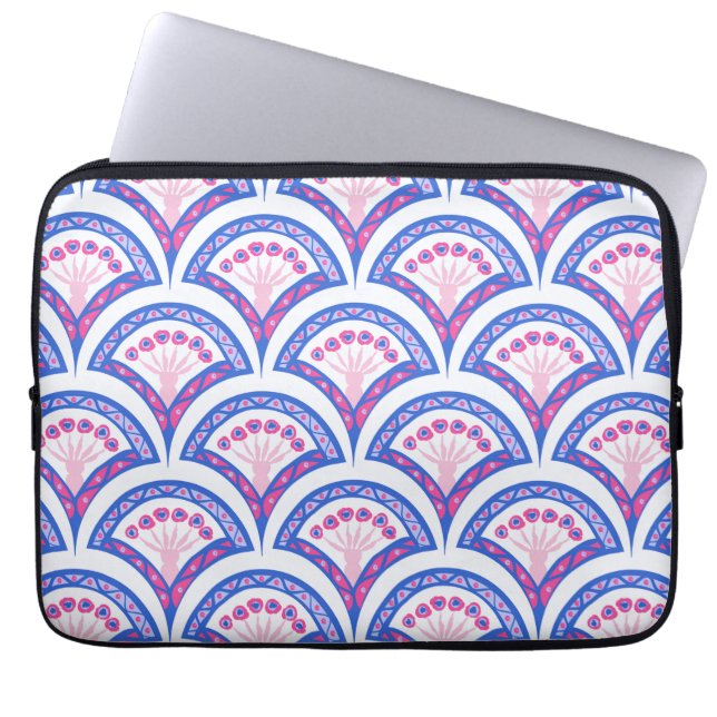 blauw damaspatroon laptop sleeve (Voorkant)