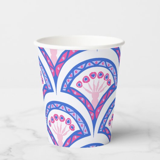 blauw damaspatroon papieren bekers (Voorkant)