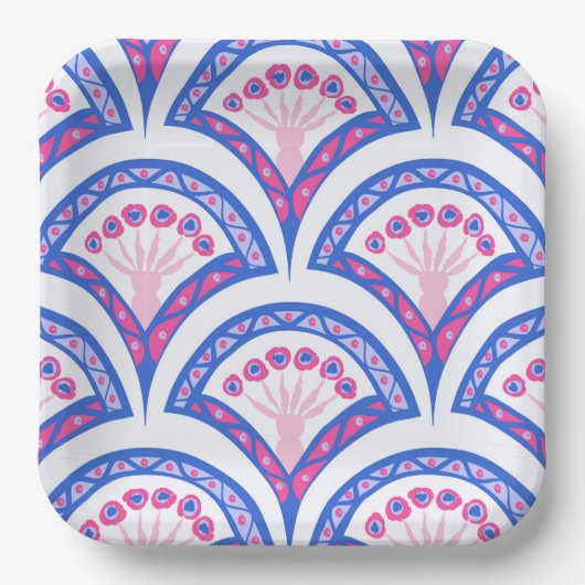 blauw damaspatroon papieren bordje (Voorkant)