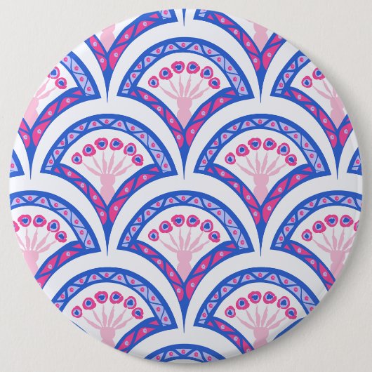 blauw damaspatroon ronde button 6,0 cm (Voorkant)