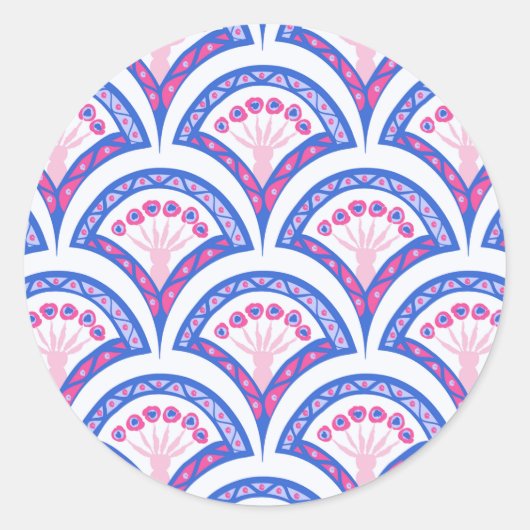 blauw damaspatroon ronde sticker (Voorkant)