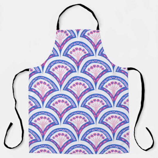 blauw damaspatroon schort (Voorkant)