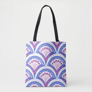 blauw damaspatroon tote bag