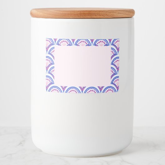 blauw damaspatroon voedselcontainer etiket (Voorkant)