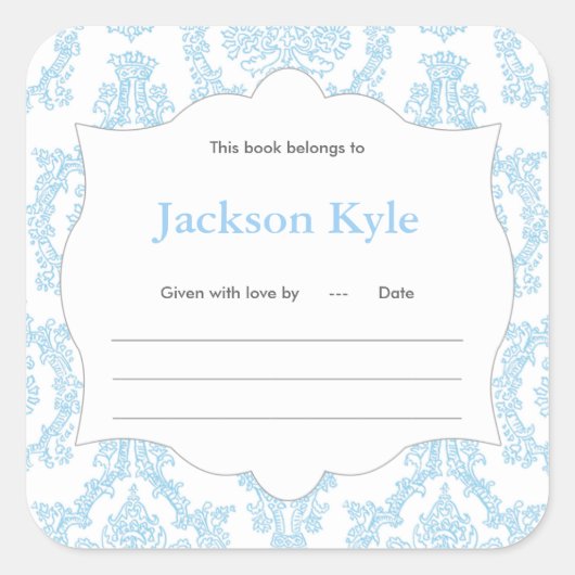 Blauw Damast Boek baby shower Bookplate label (Voorkant)