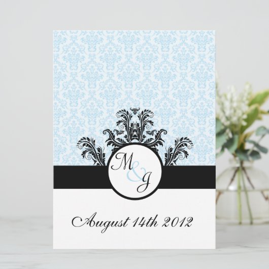 Blauw Damast Bruiloft Kaart (Staand voorkant)