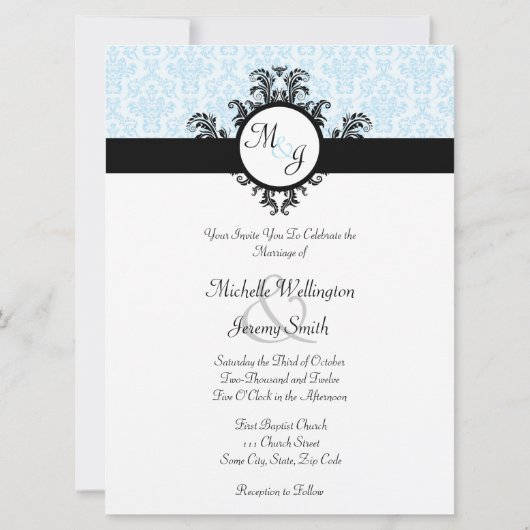 Blauw Damast Bruiloft Kaart (Achterkant)