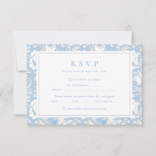 Blauw Damast Bruiloft RSVP Kaartje (Voorkant)